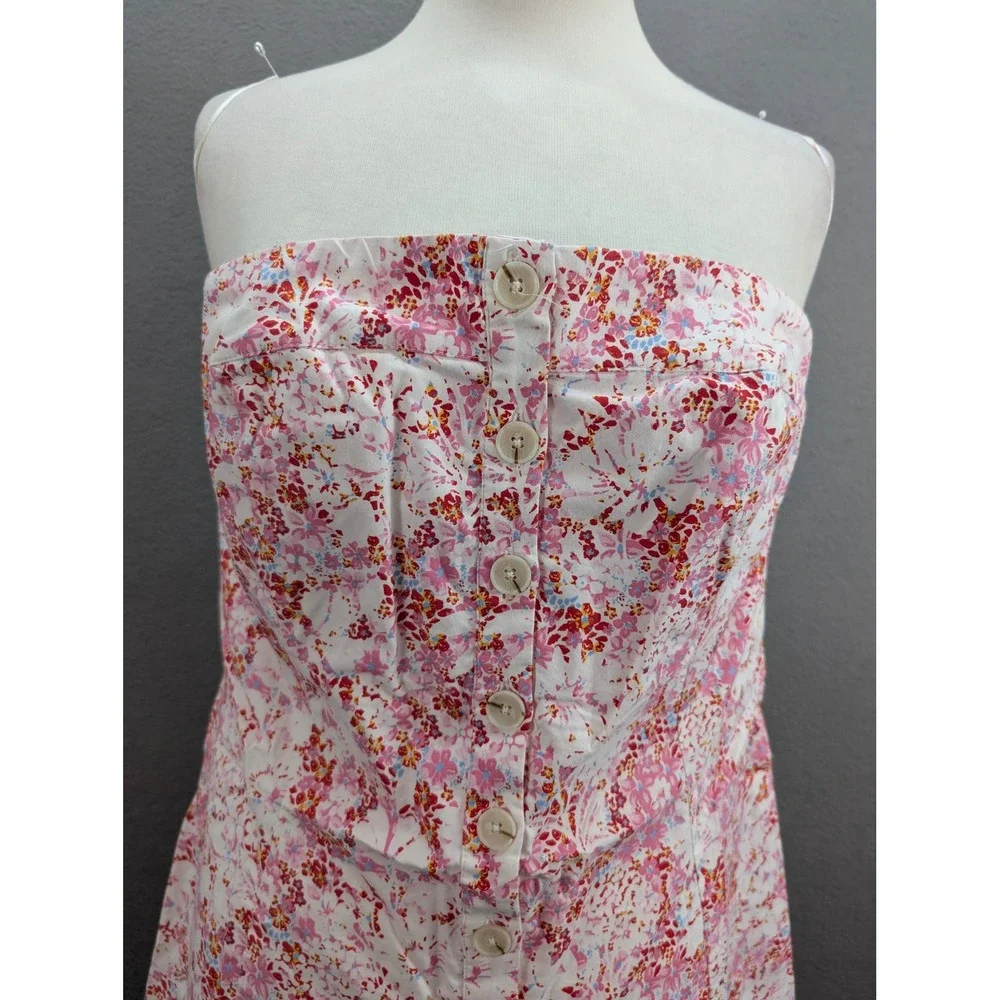 Free People Tomas Floral Strapless Mini Dress‎ Smocked Button Down Pink XL NWT
